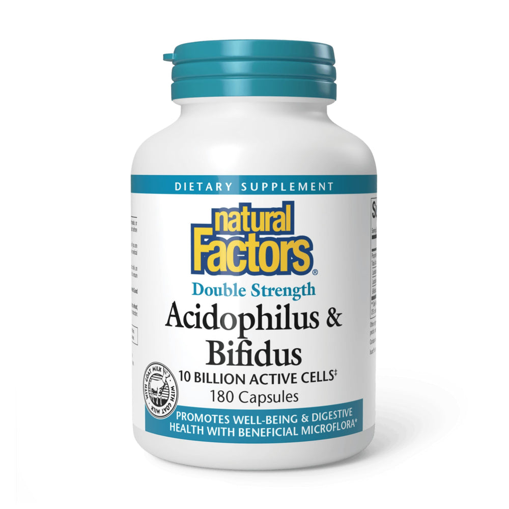 Bottle label for Natural Factors Acidophilus & Bifidus Double Strength Probiotic & Prebiotic Formula