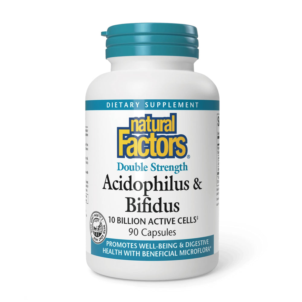 Bottle of Natural Factors Acidophilus & Bifidus Double Strength Probiotic & Prebiotic Formula, 90 capsules