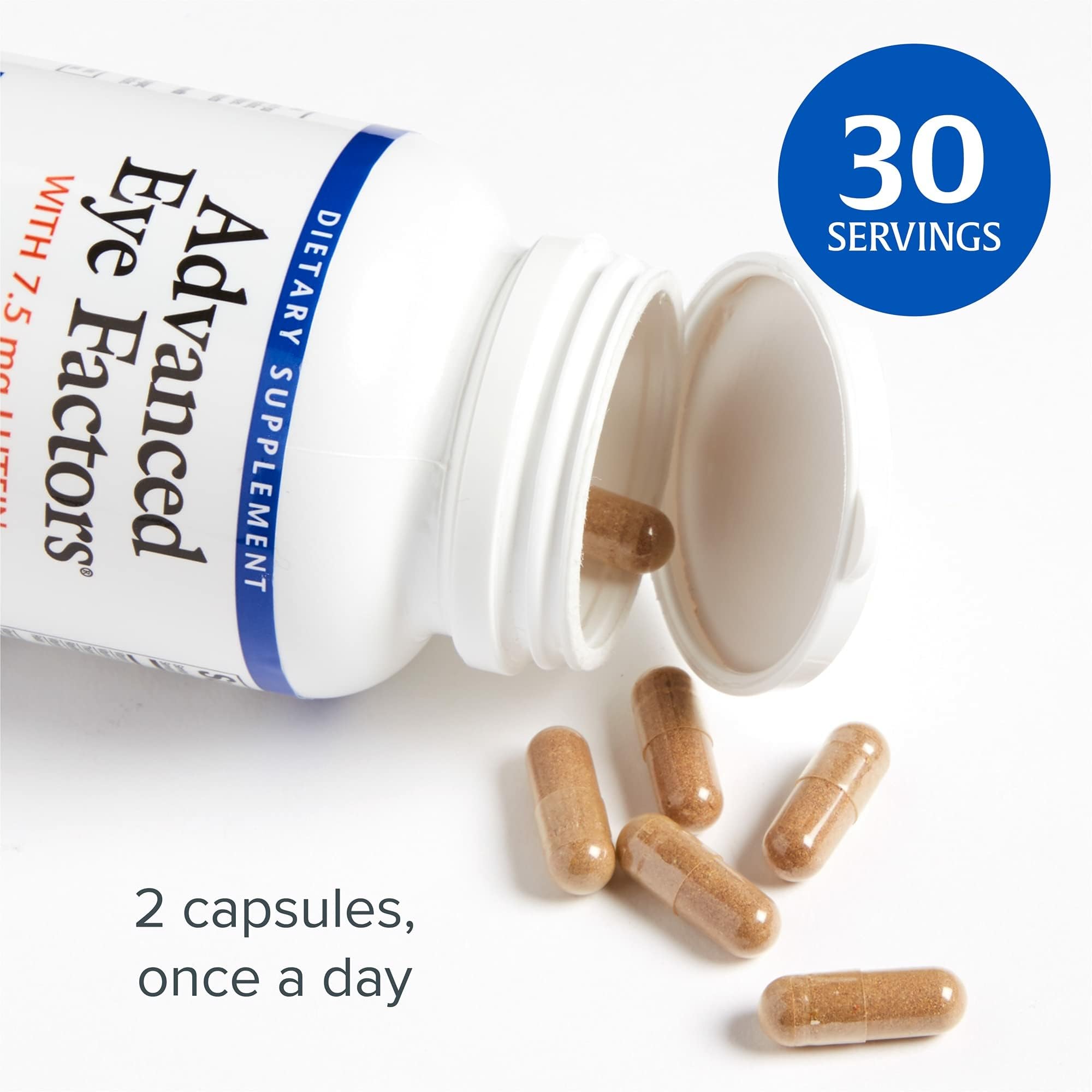 Two Advanced Eye Factors capsules on a white surface