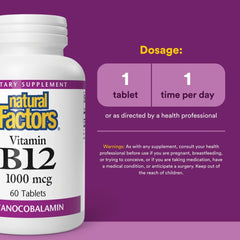 Front view of Natural Factors B12 bottle on white background
