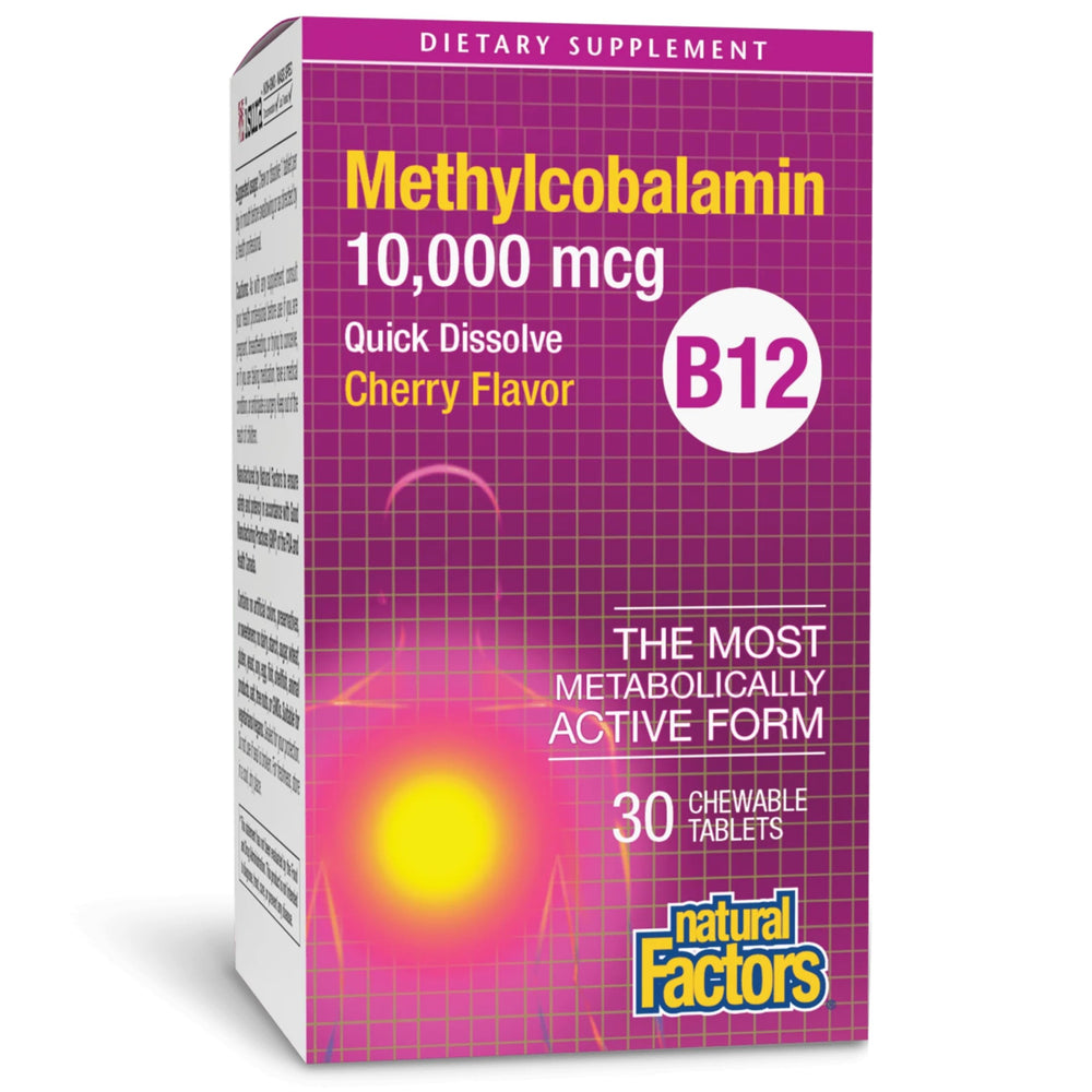 Natural Factors B12 Methylcobalamin 10,000 mcg Cherry chewable tablets bottle front