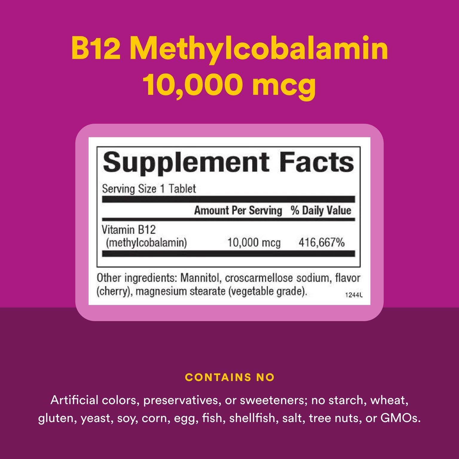 Nutrition facts panel for B12 methylcobalamin Cherry product
