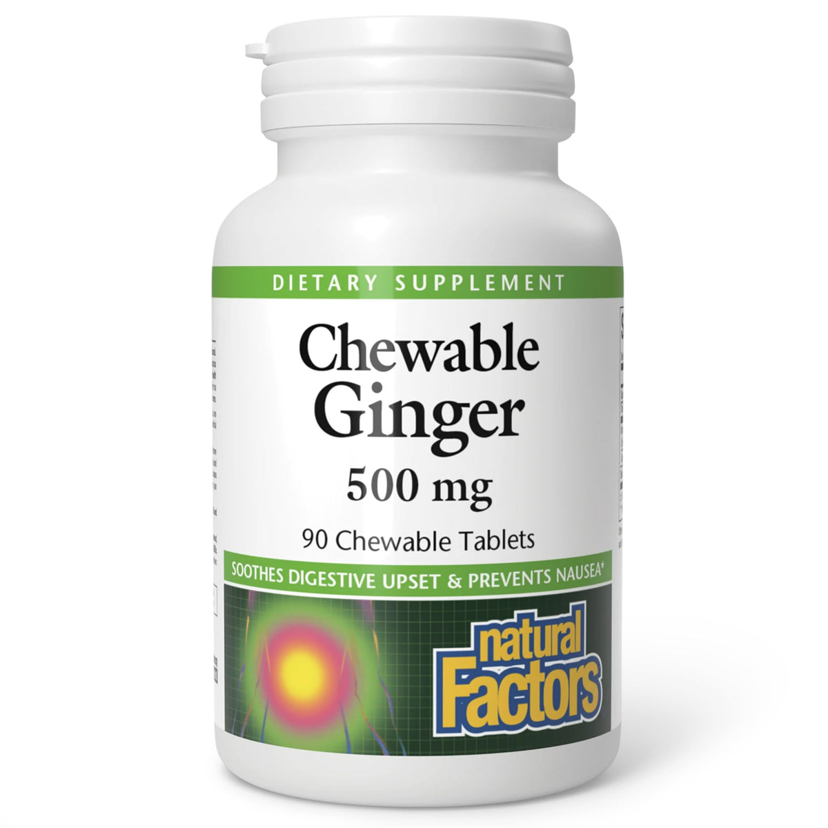 Front view of Natural Factors Chewable Ginger 500mg 90 count bottle