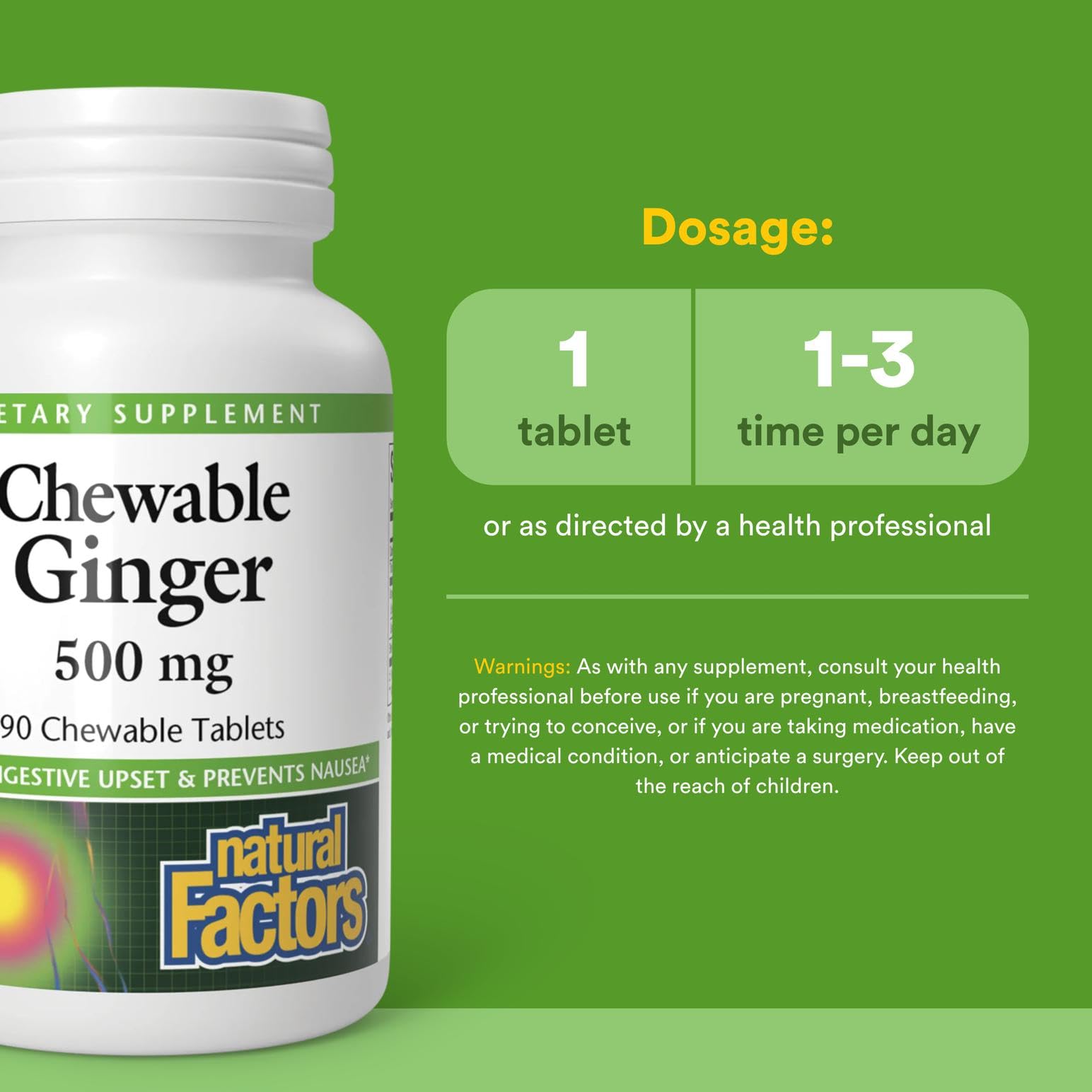 Natural Factors Chewable Ginger product label and bottle on a white background