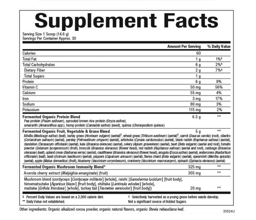 Fermented greens powder chocolate flavor close-up label