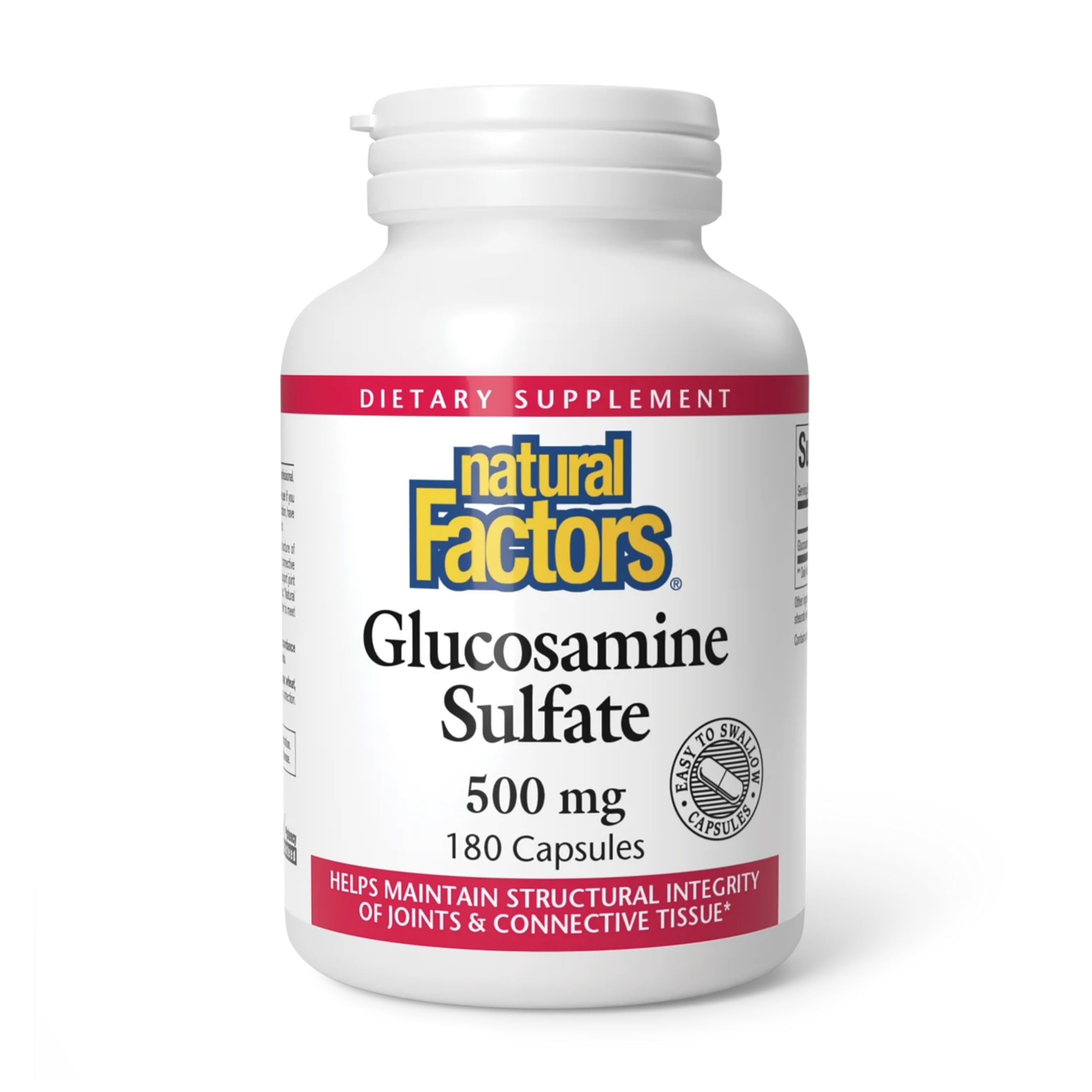 Bottle of Natural Factors Glucosamine Sulfate 180 capsules on white background