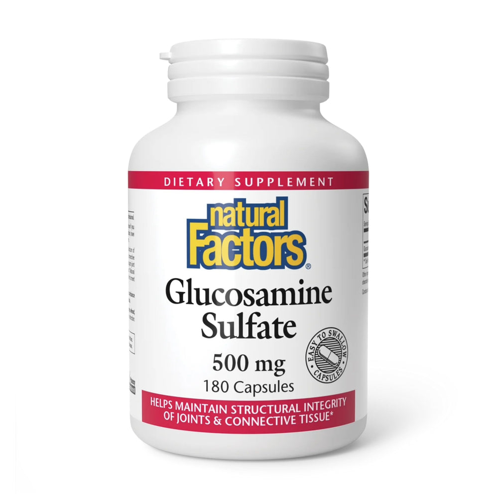 Bottle of Natural Factors Glucosamine Sulfate 180 capsules on white background