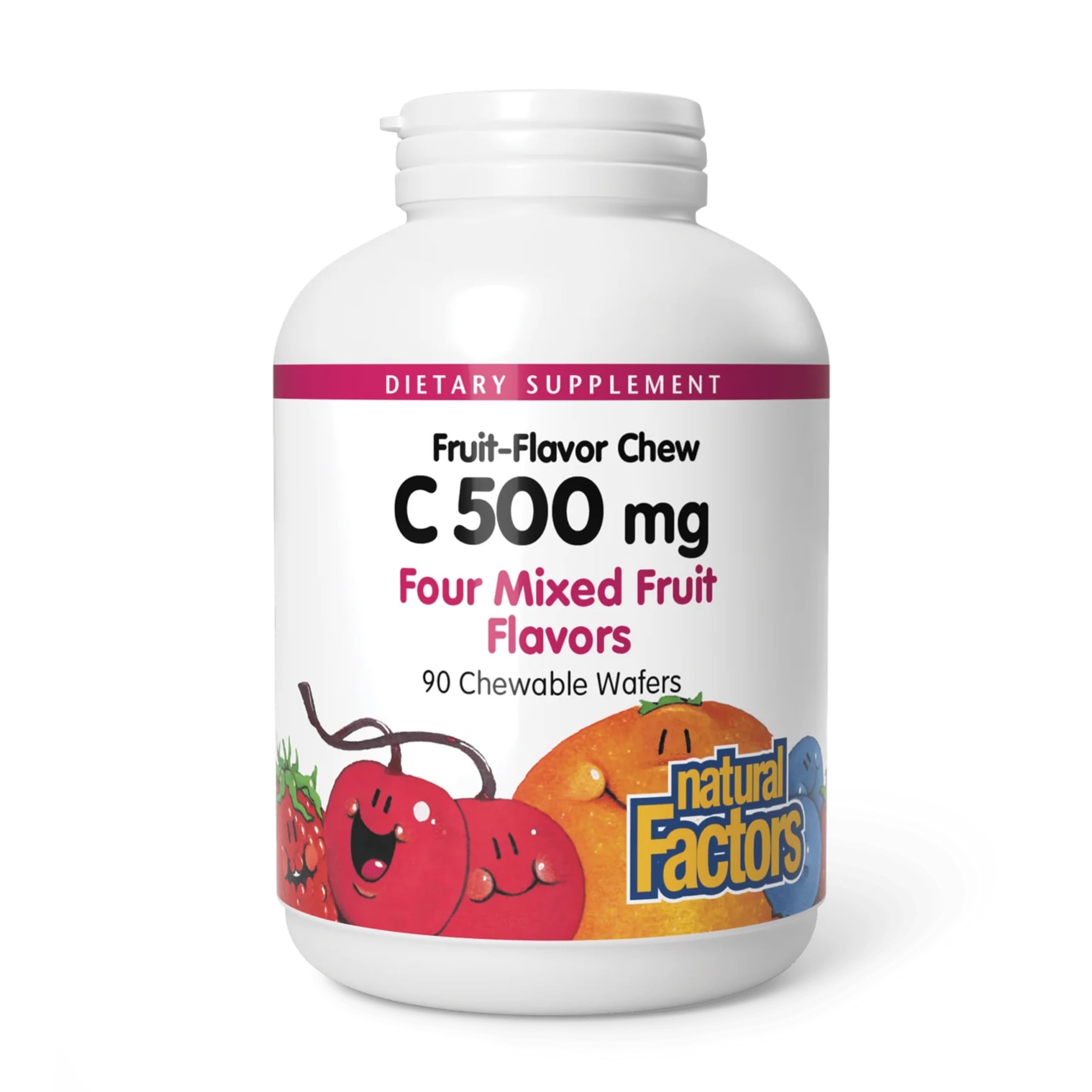 Bottle of Natural Factors Kids Vitamin C 500 mg chewables, 90 wafers