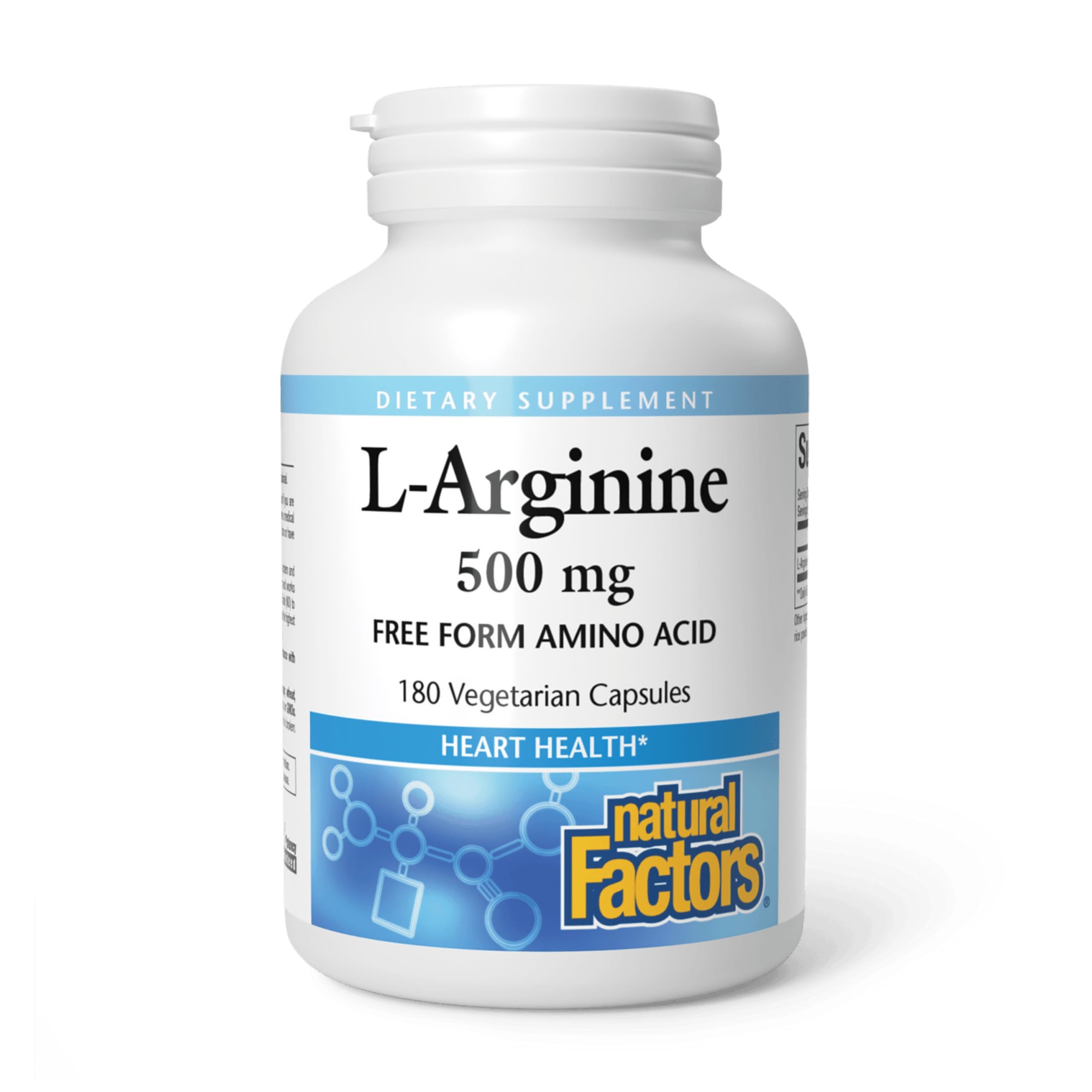 Bottle front view of Natural Factors L-Arginine 500 mg 180 capsules