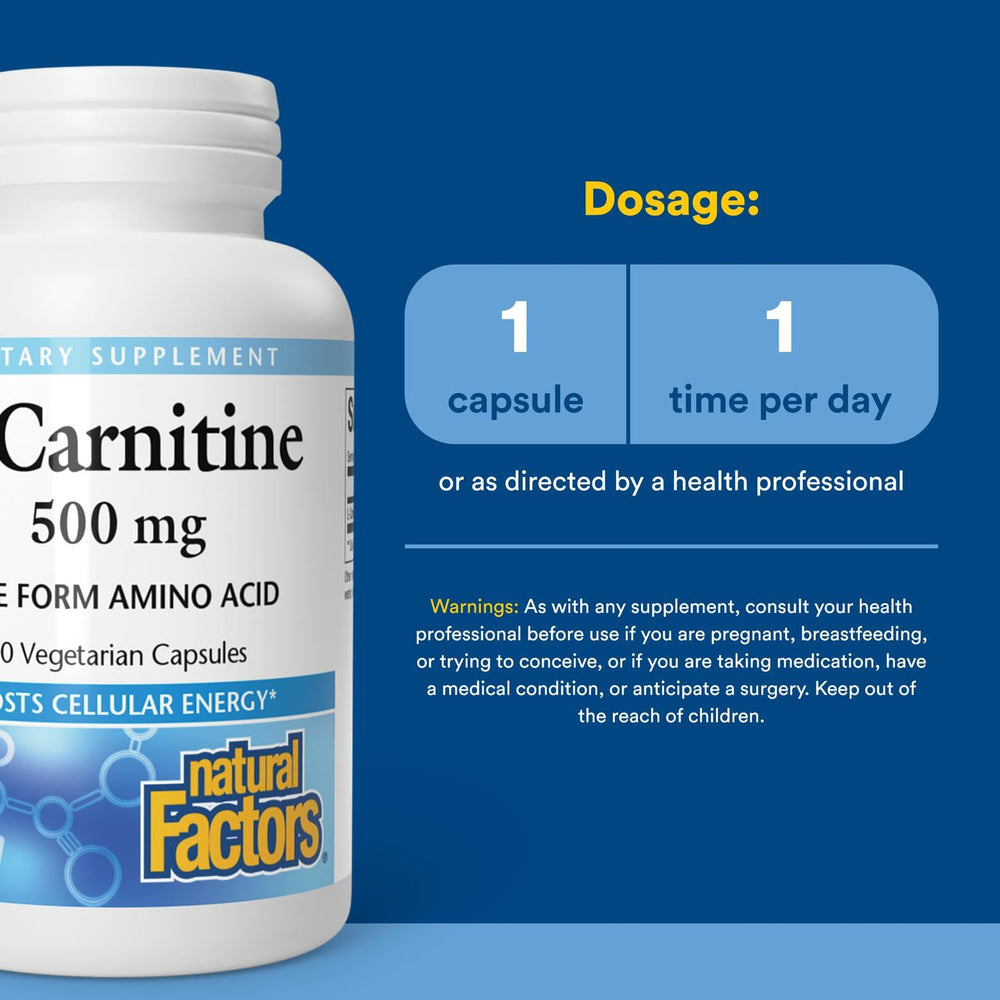 Natural Factors L-Carnitine 500mg capsules close-up, clean ingredients