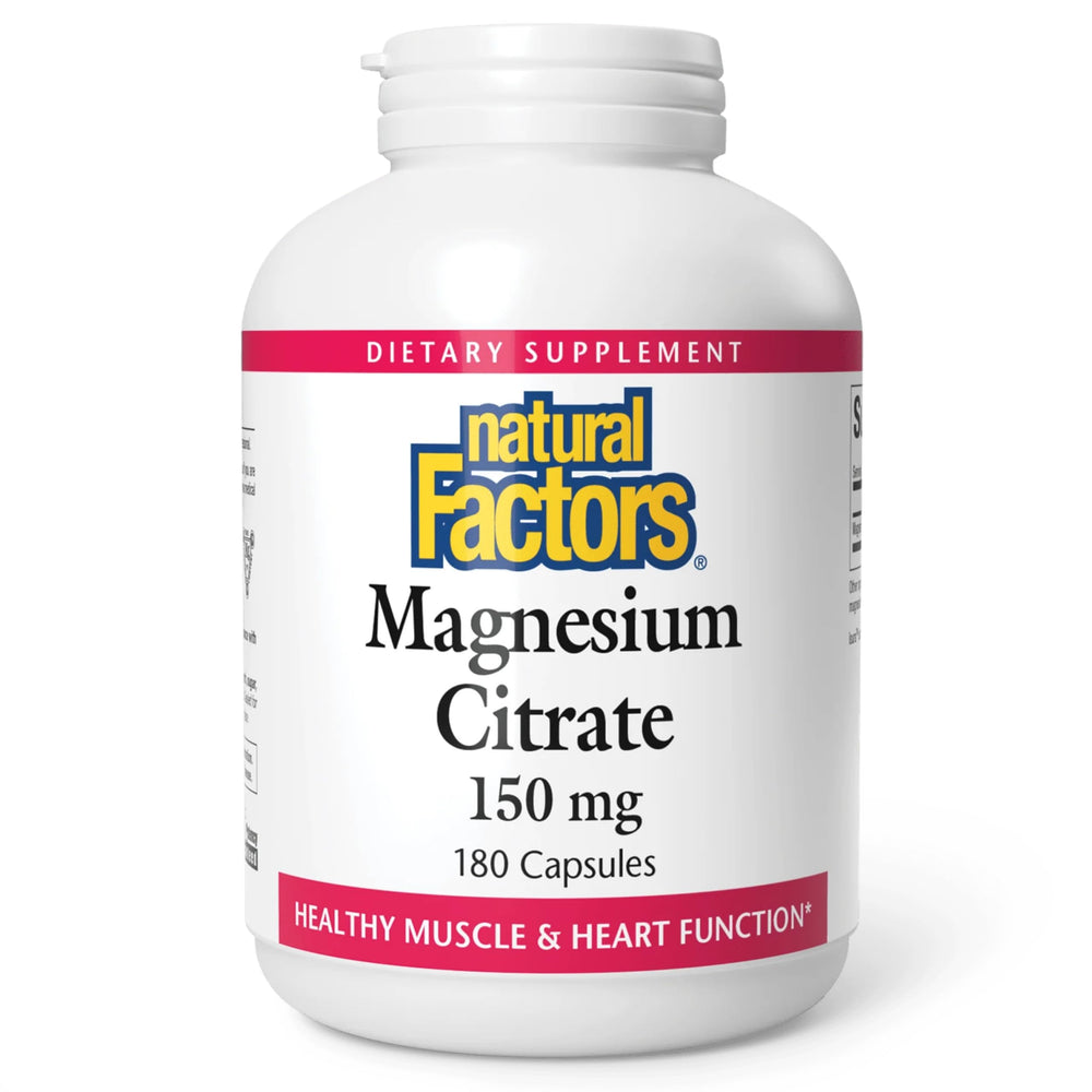 Natural Factors Magnesium Citrate 150 mg bottle with 180 capsules on white background