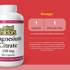 Close-up of the bottle label for Natural Factors Magnesium Citrate 150 mg