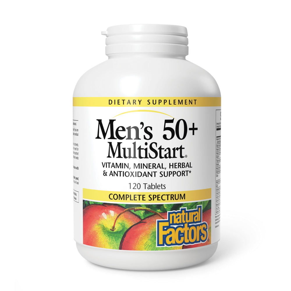 Bottle of Natural Factors Men's 50+ MultiStart 120 tablets