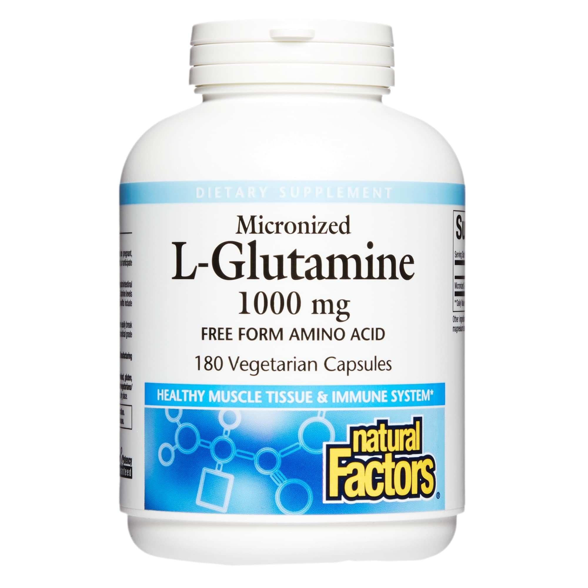 Front view of Natural Factors Micronized L-Glutamine 1000 mg bottle with 180 capsules