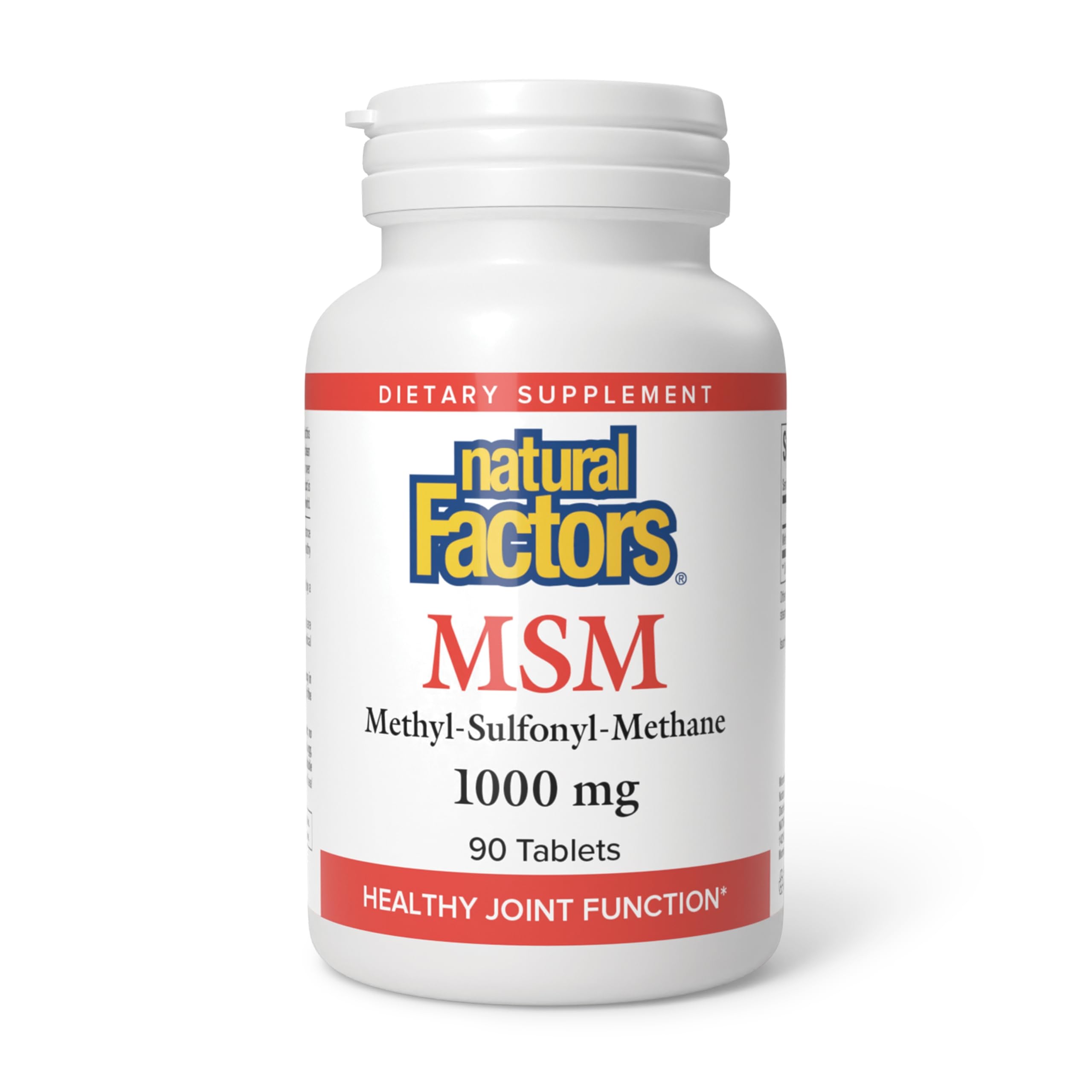 Front view of Natural Factors MSM 1000 mg bottle with 90 capsules
