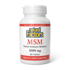 Front view of Natural Factors MSM 1000 mg bottle with 90 capsules