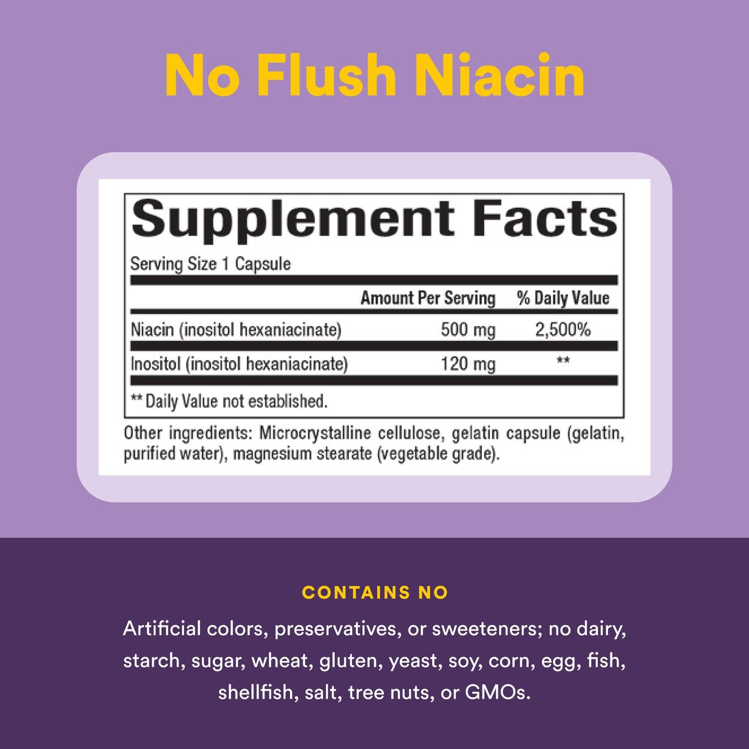Sealed bottle of No Flush Niacin 500 mg 90 tablets on a neutral background