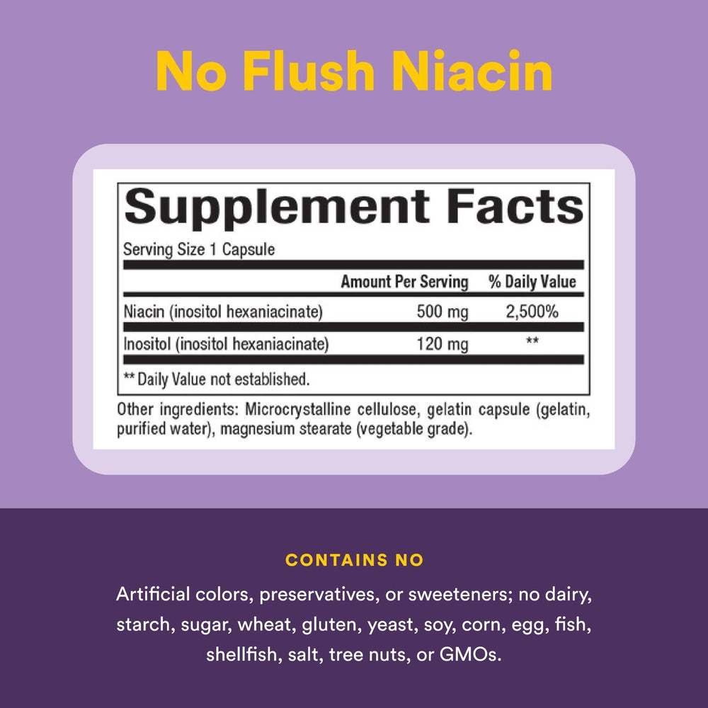 Sealed bottle of No Flush Niacin 500 mg 90 tablets on a neutral background