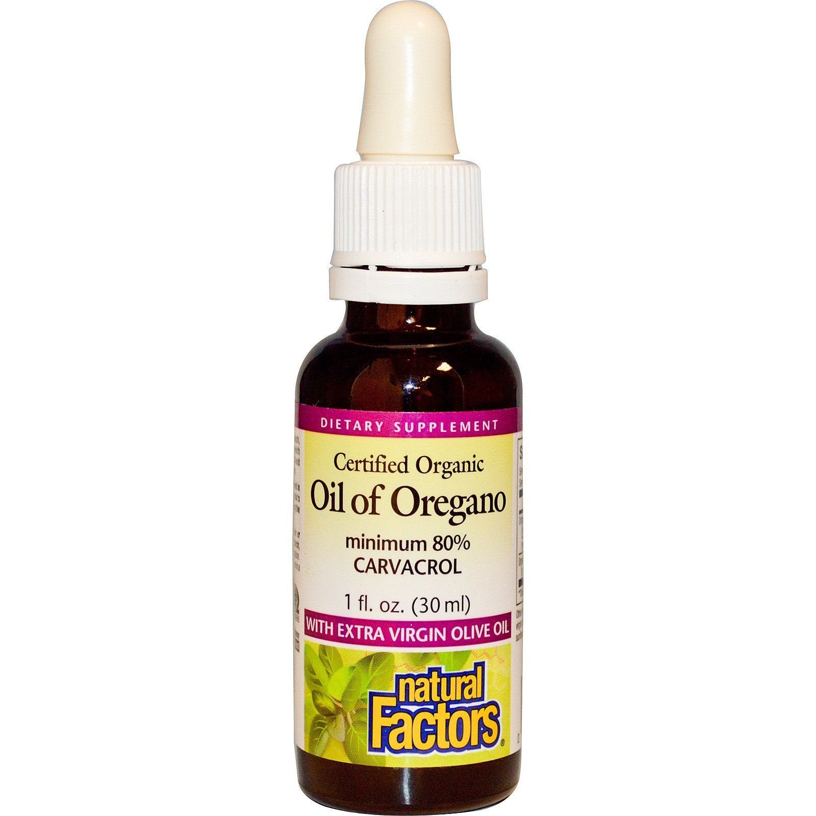 Bottle of Natural Factors Oil of Oregano 1 fl oz with olive oil