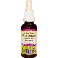 Bottle of Natural Factors Oil of Oregano 1 fl oz with olive oil