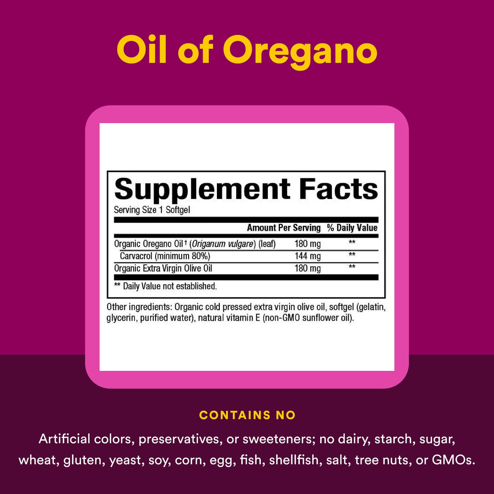 Oregano oil packaging emphasizing potency (80% carvacrol)
