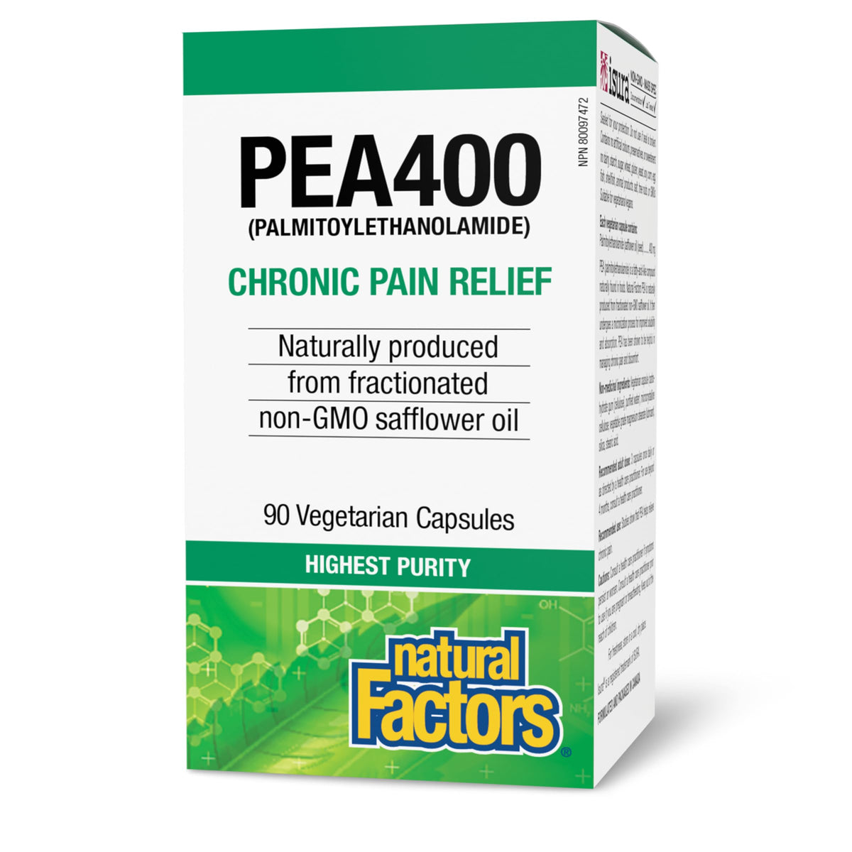 Front of Natural Factors PEA400 bottle showing 90 capsules