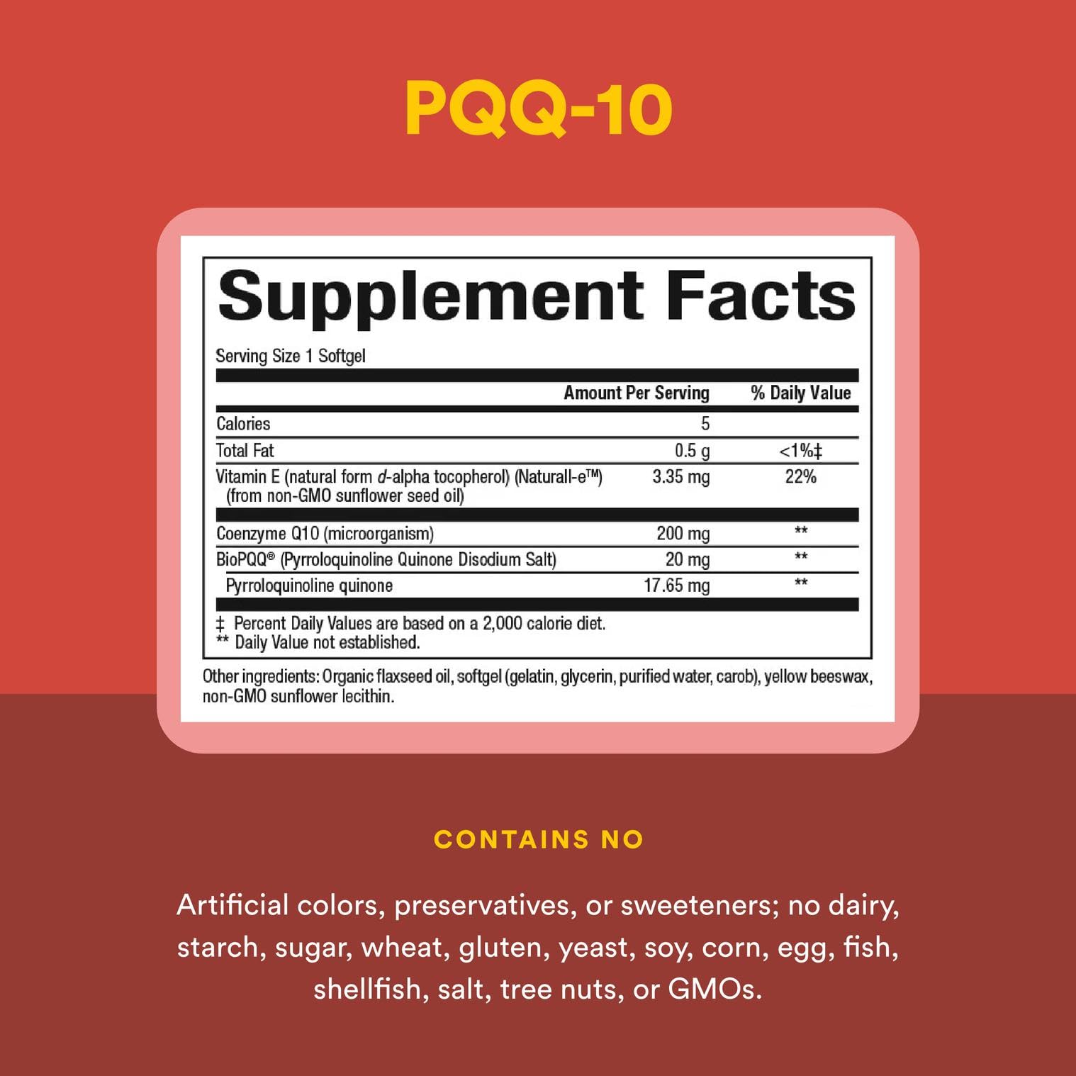 Label showing PQQ-10 and CoQ10 ingredients