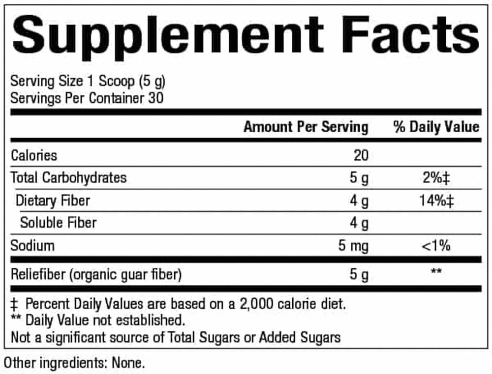 Reliefiber powder 150 g back label with nutrition and certifications