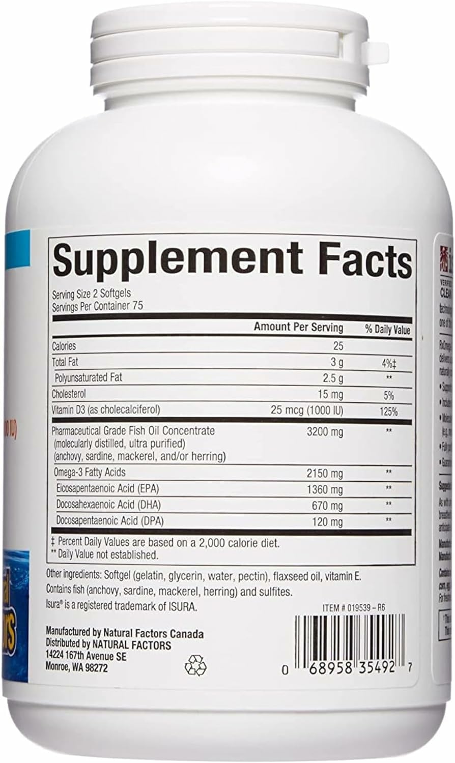 Natural Factors RxOmega-3 softgels close-up highlighting easy-to-swallow capsules