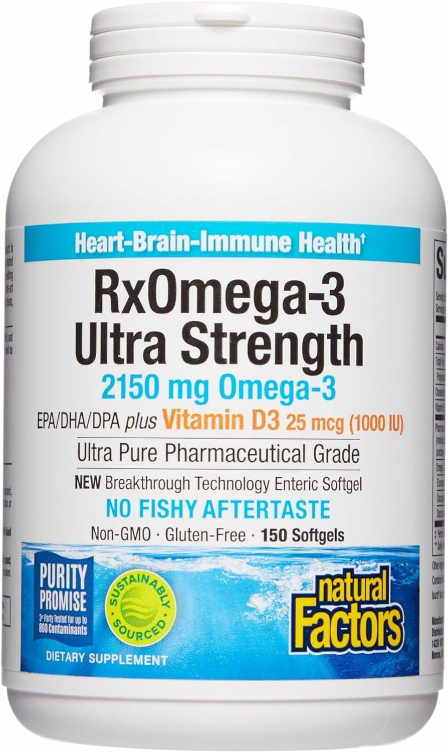 Natural Factors RxOmega-3 Ultra Strength bottle for heart and brain support