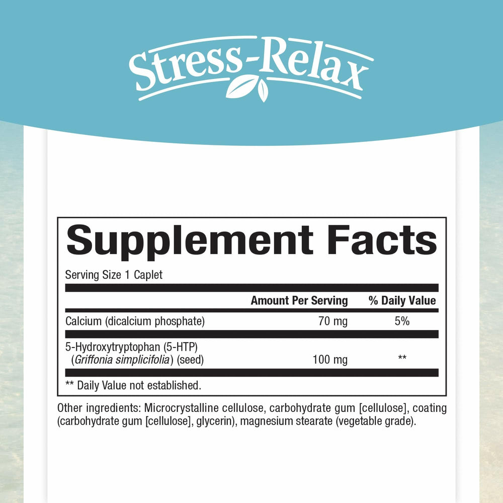 Back label with supplement facts for Natural Factors Stress-Relax 5-HTP 100 mg
