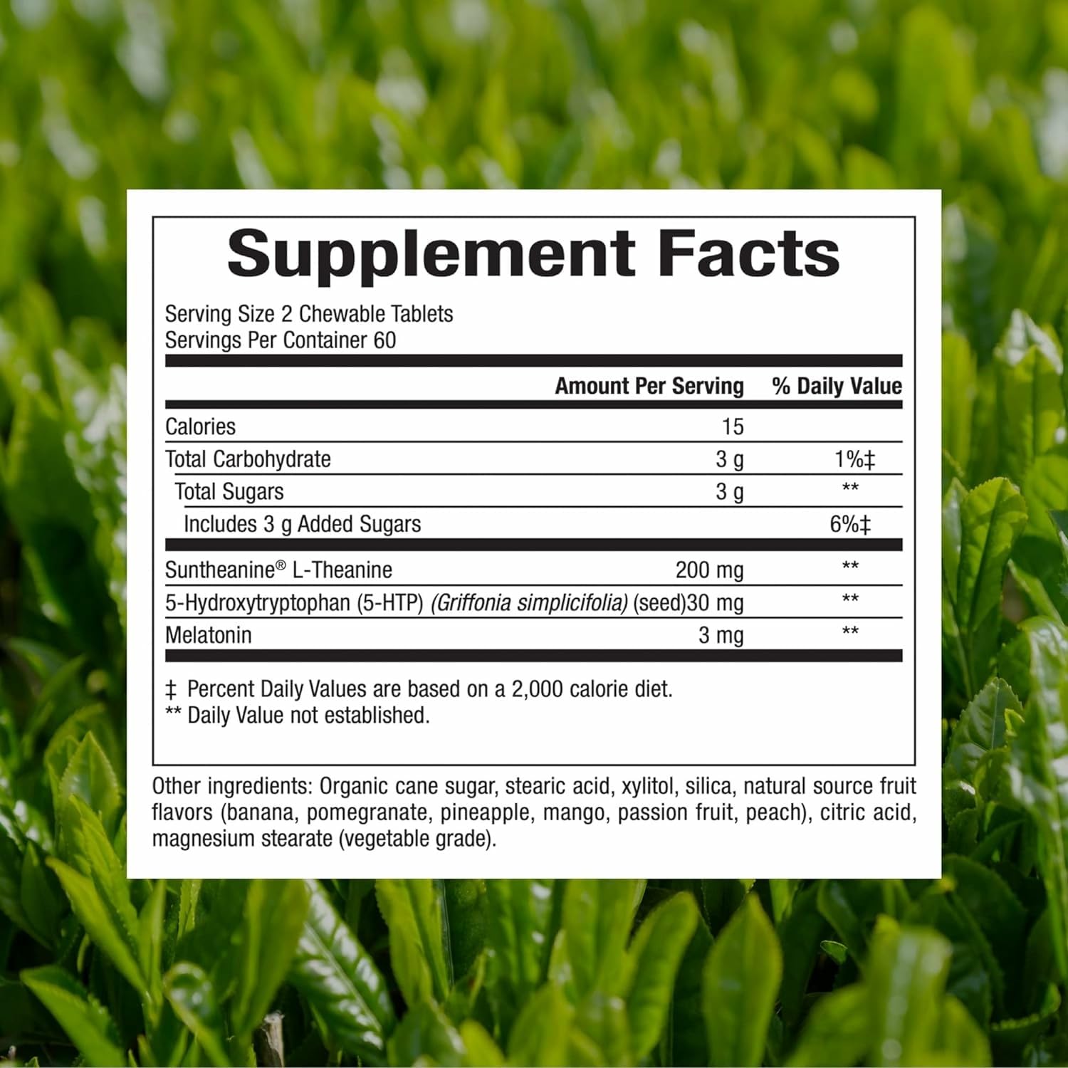 Close-up of melatonin, 5-HTP and L-theanine ingredients in Tranquil Sleep