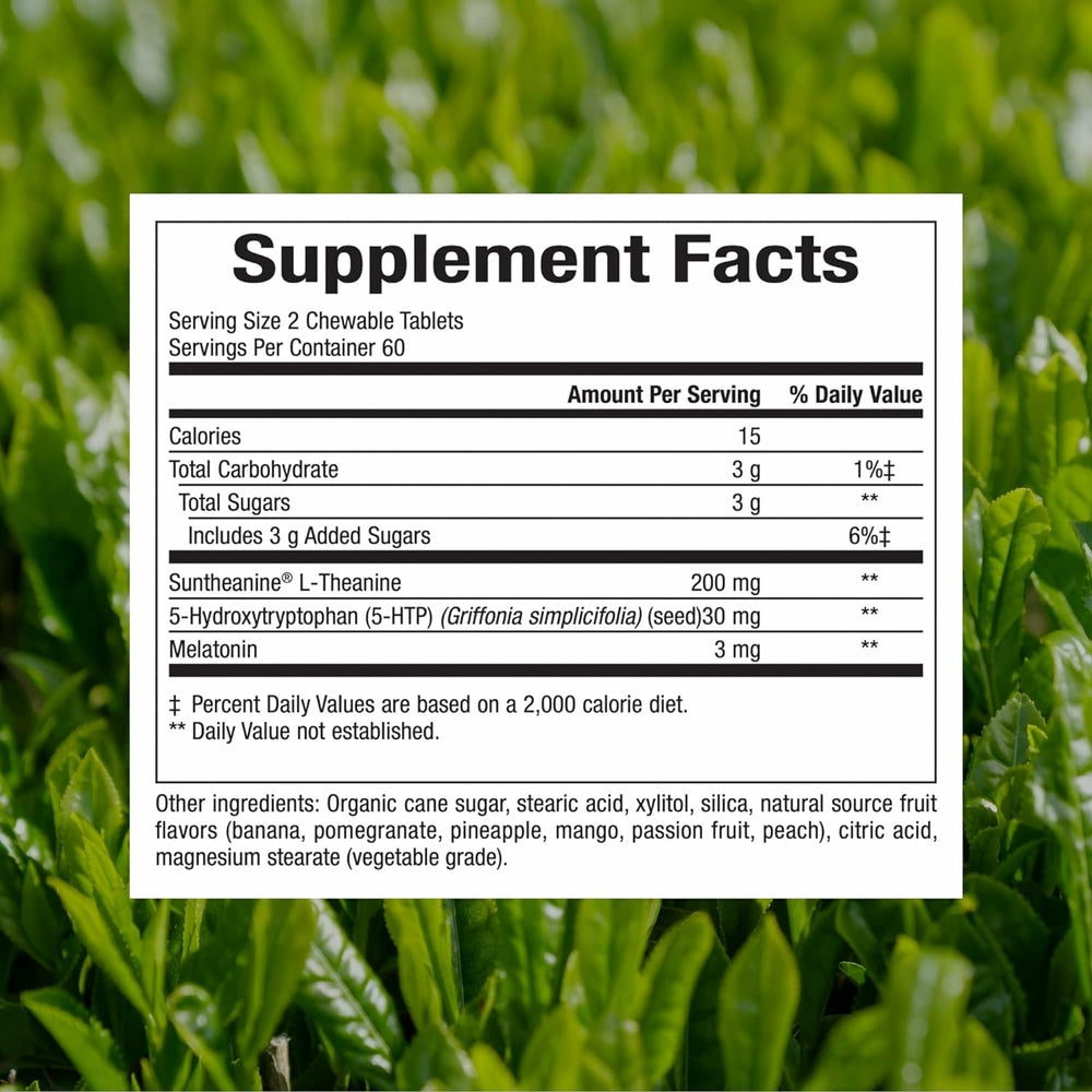 Close-up of melatonin, 5-HTP and L-theanine ingredients in Tranquil Sleep