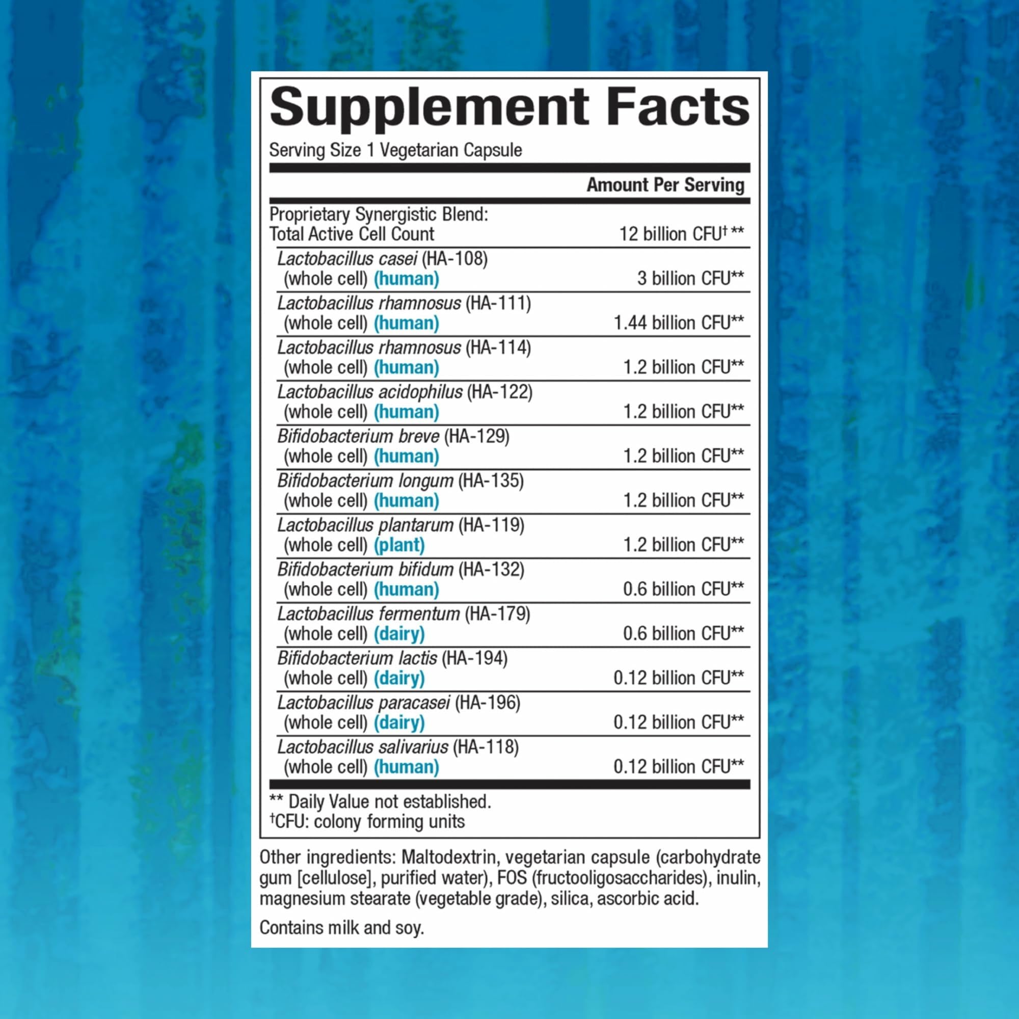 Close-up of Natural Factors probiotic bottle label