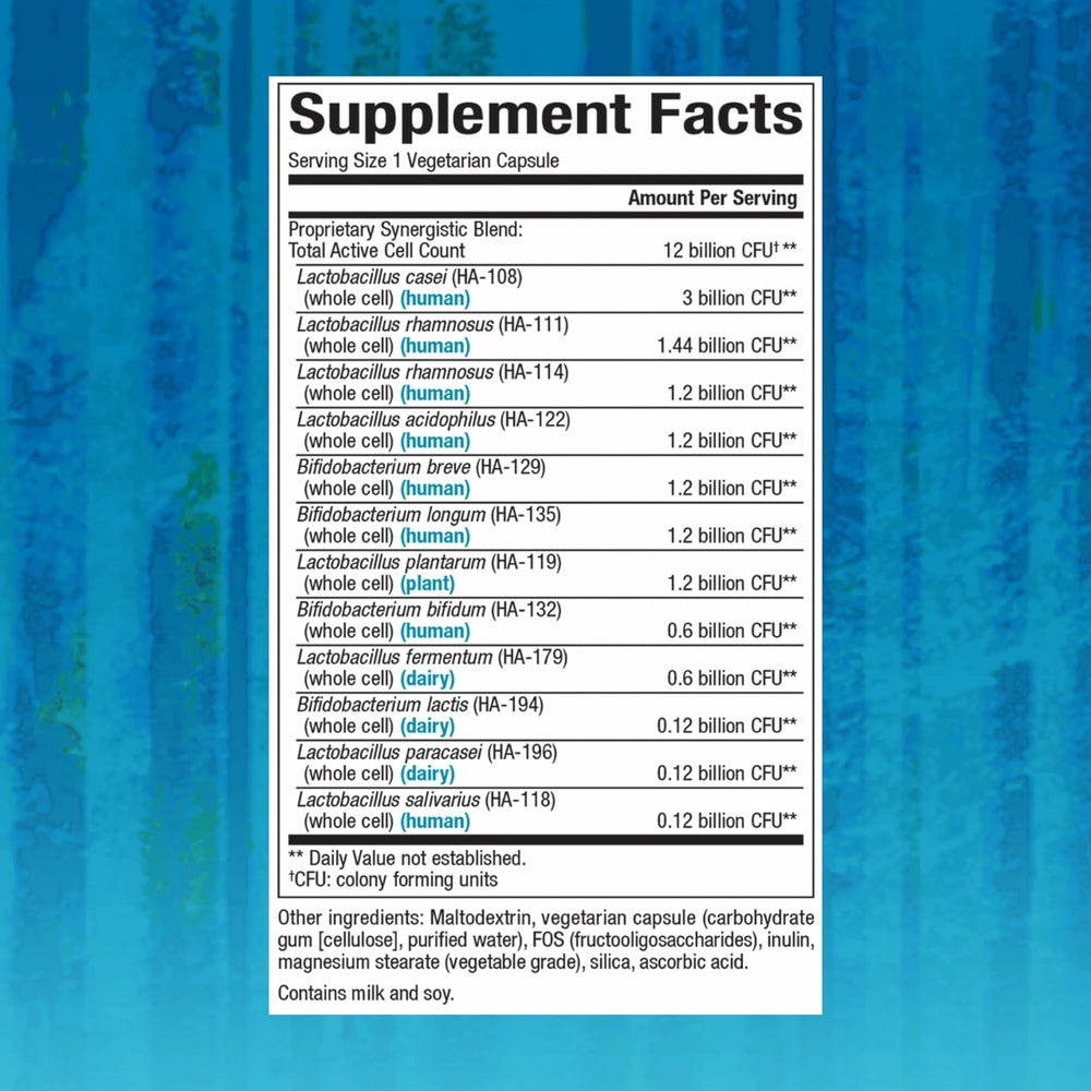 Close-up of Natural Factors probiotic bottle label