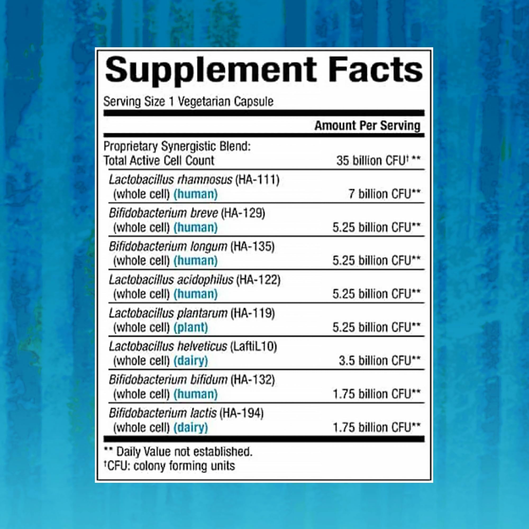 Close-up of bottle label showing 35 billion CFUs and 30 capsules
