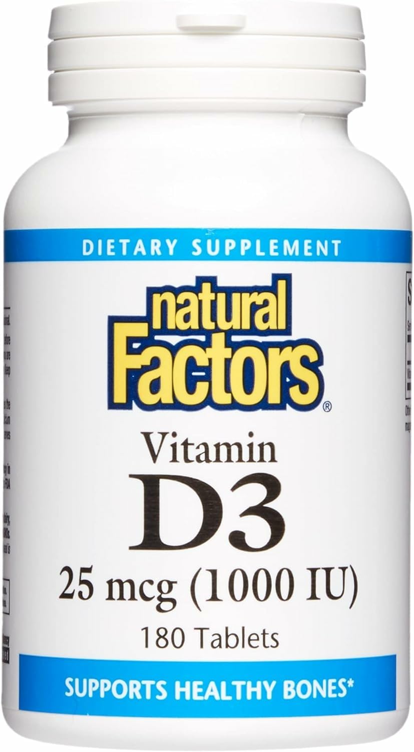 Front view of Natural Factors Vitamin D3 1000 IU (25 mcg) 180 tablets bottle