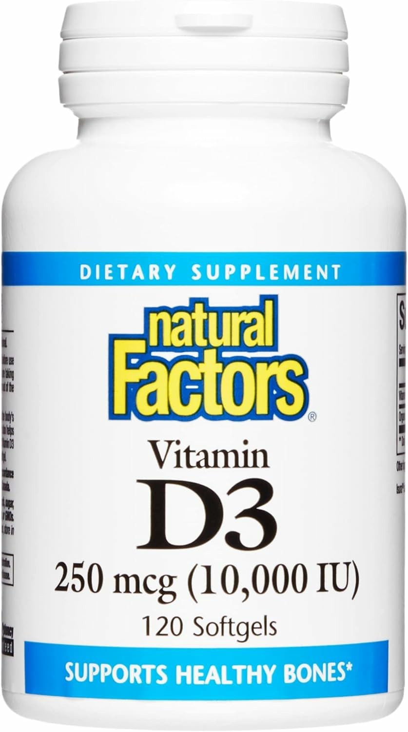 Bottle of Natural Factors Vitamin D3 120 Softgels on white background
