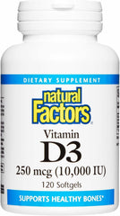 Bottle of Natural Factors Vitamin D3 120 Softgels on white background