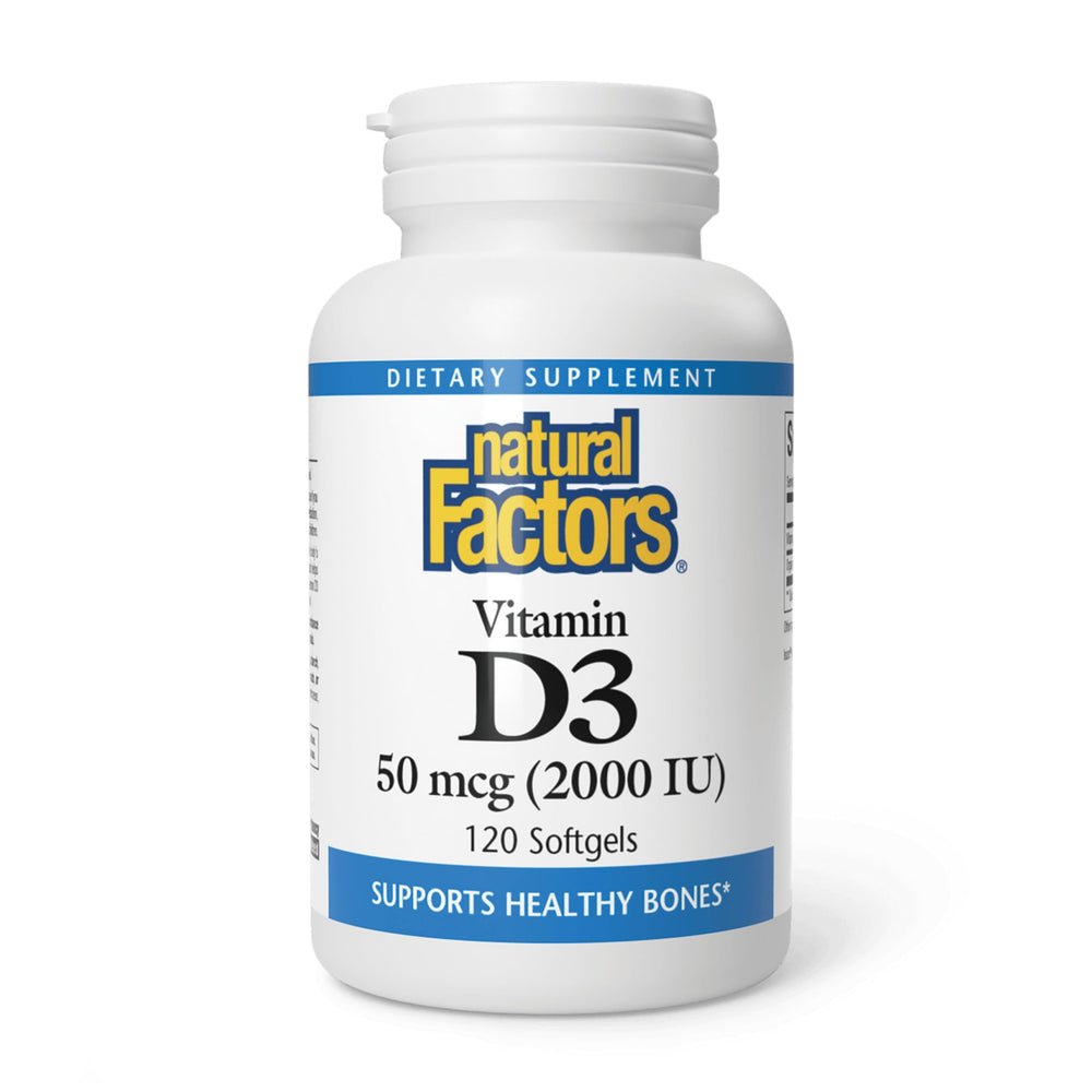Bottle of Natural Factors Vitamin D3 2000 IU 120 softgels on white background
