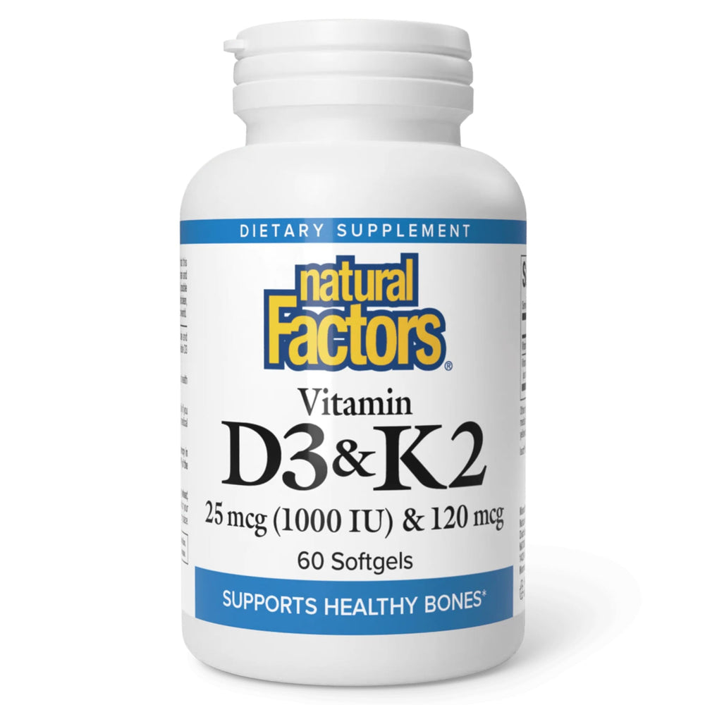 Bottle of Natural Factors Vitamin D3 & K2 1000 IU / 120 mcg softgels
