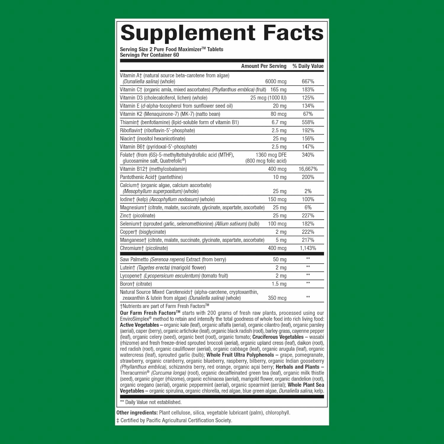 Product label showing 120 tablets and 60 servings