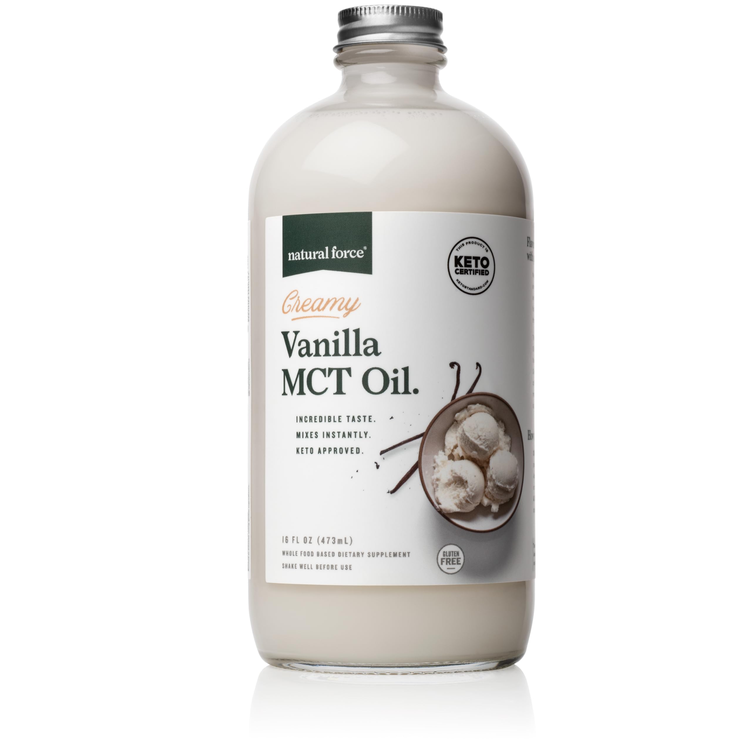 Front view of Natural Force Creamy Vanilla MCT Oil 16 oz glass bottle