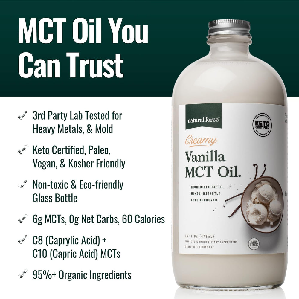 Close-up of the Creamy Vanilla MCT Oil label