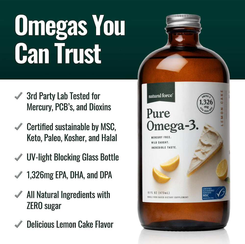 Back label with ingredients and nutrition for Natural Force Pure Omega-3 Lemon Cake