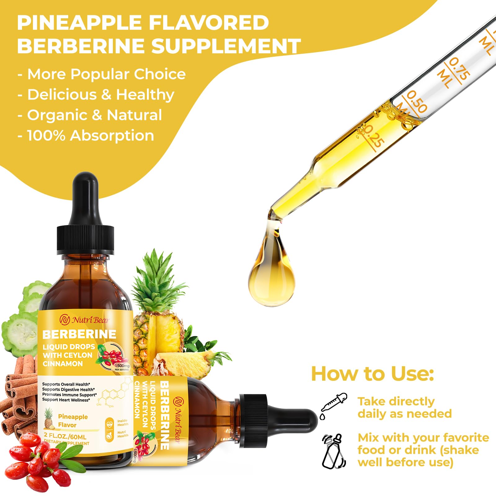 Illustration of ingredients including berberine, cinnamon, turmeric