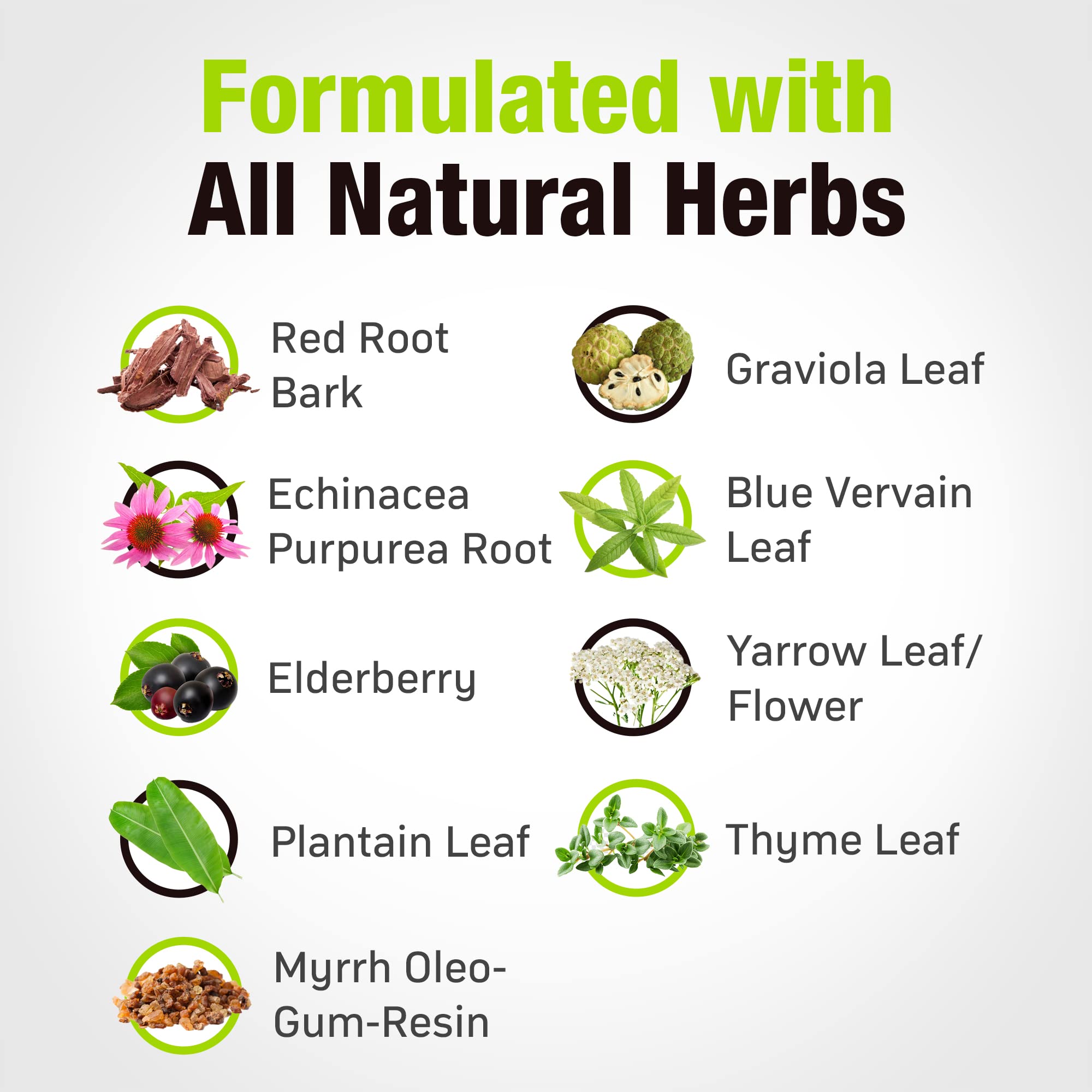 All-natural ingredients blend including red root bark, echinacea, and elderberry