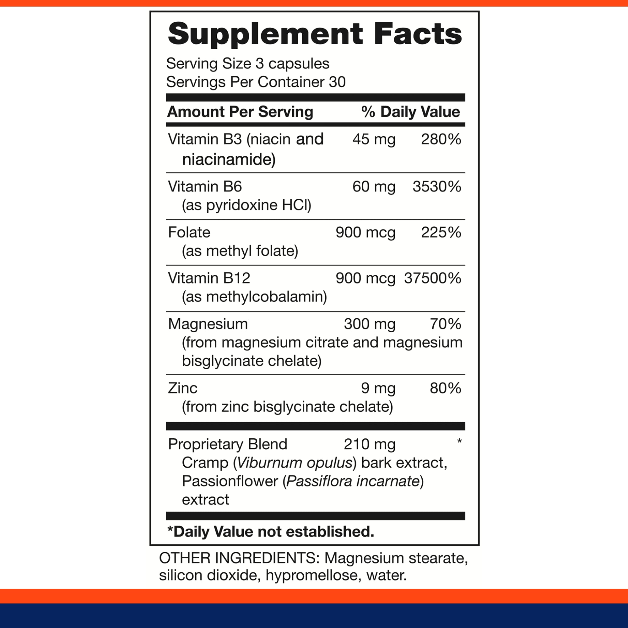 Natural ingredients: Cramp Bark, Zinc, Passionflower, and Folate blend