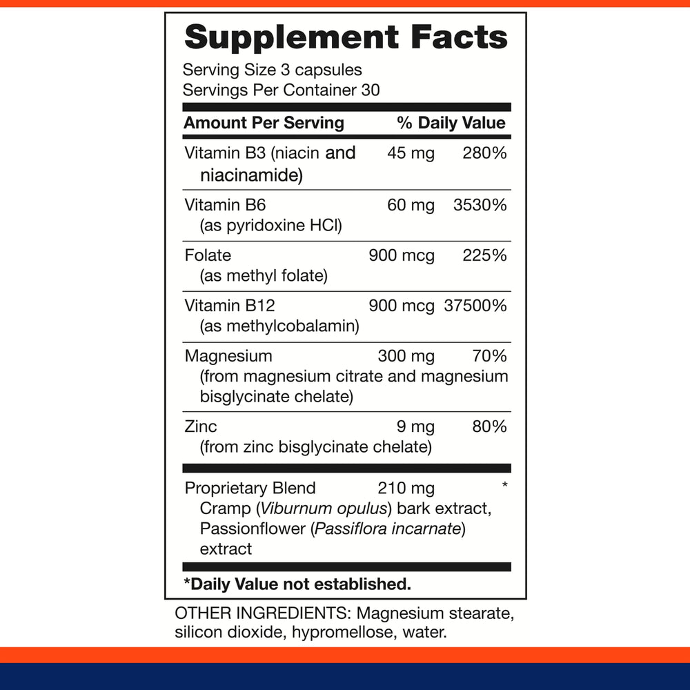 Natural ingredients: Cramp Bark, Zinc, Passionflower, and Folate blend