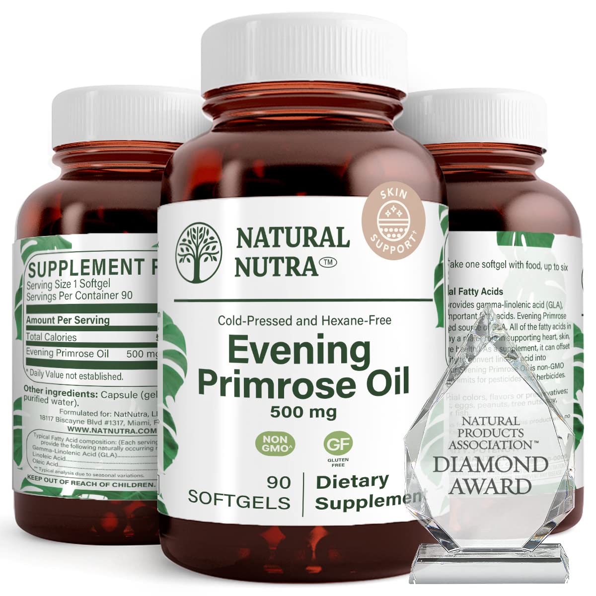 Front view of Natural Nutra Evening Primrose Oil 500 mg - 90 softgels bottle